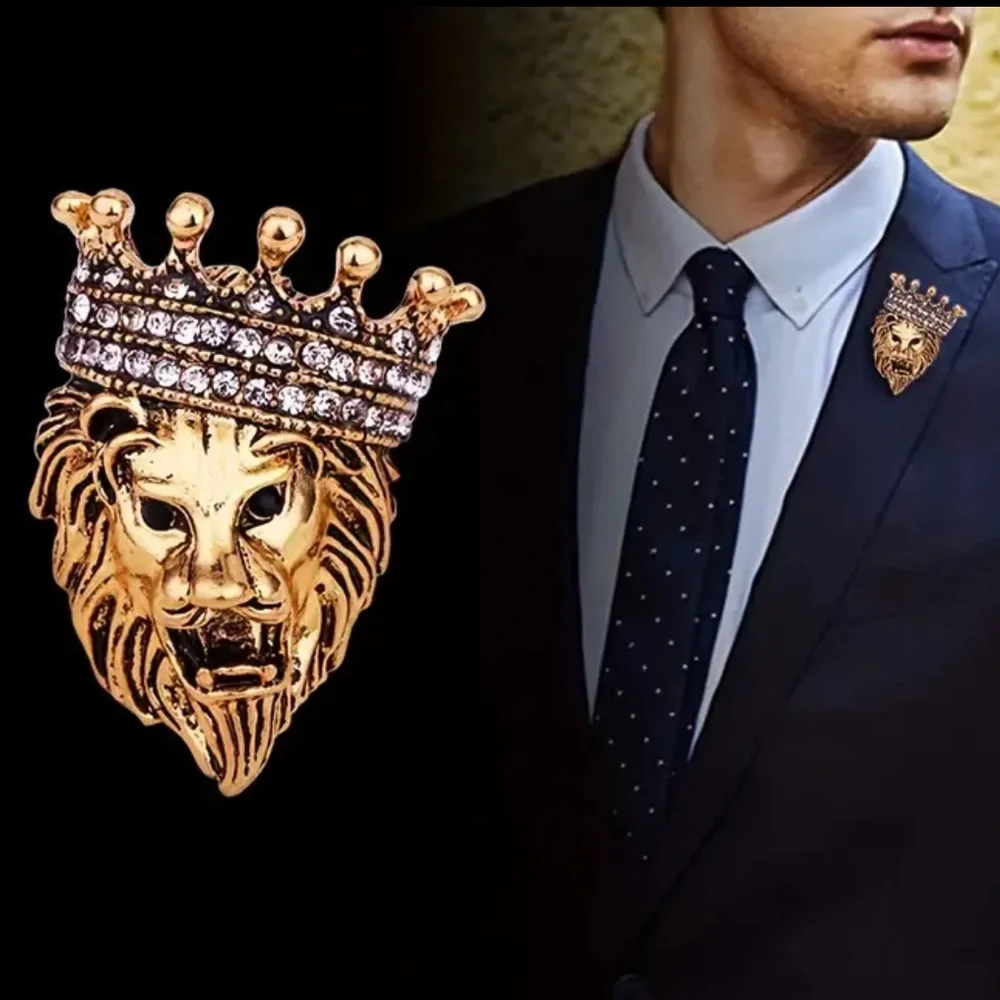 Badass Lion, with Rhinestone, Vintage Inspired, Animal Lapel Pin, Unisex Brooch